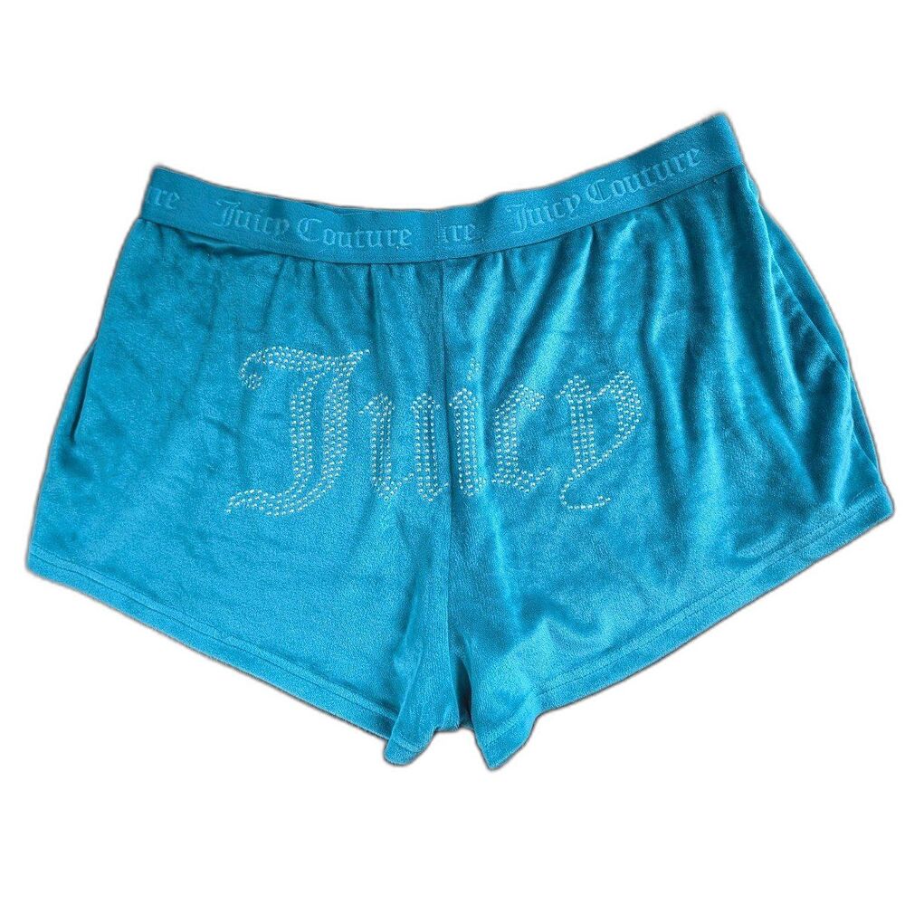 Juicy Couture Women’s Blue Velour Mini Shorts Logo Bling Rhinestone  L Large